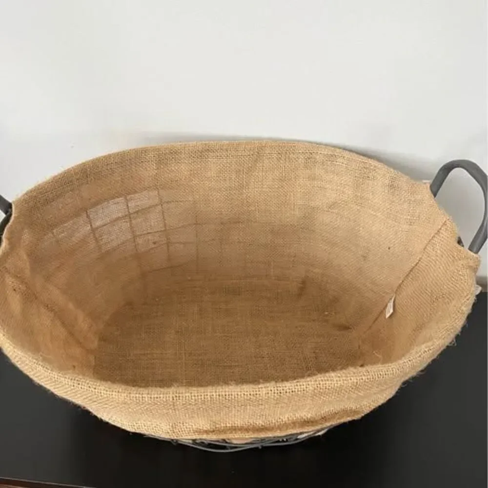 Large wire storage basket with burlap liner